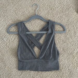 Shein, small, grey, bra-like cropped top with a crossed back design.